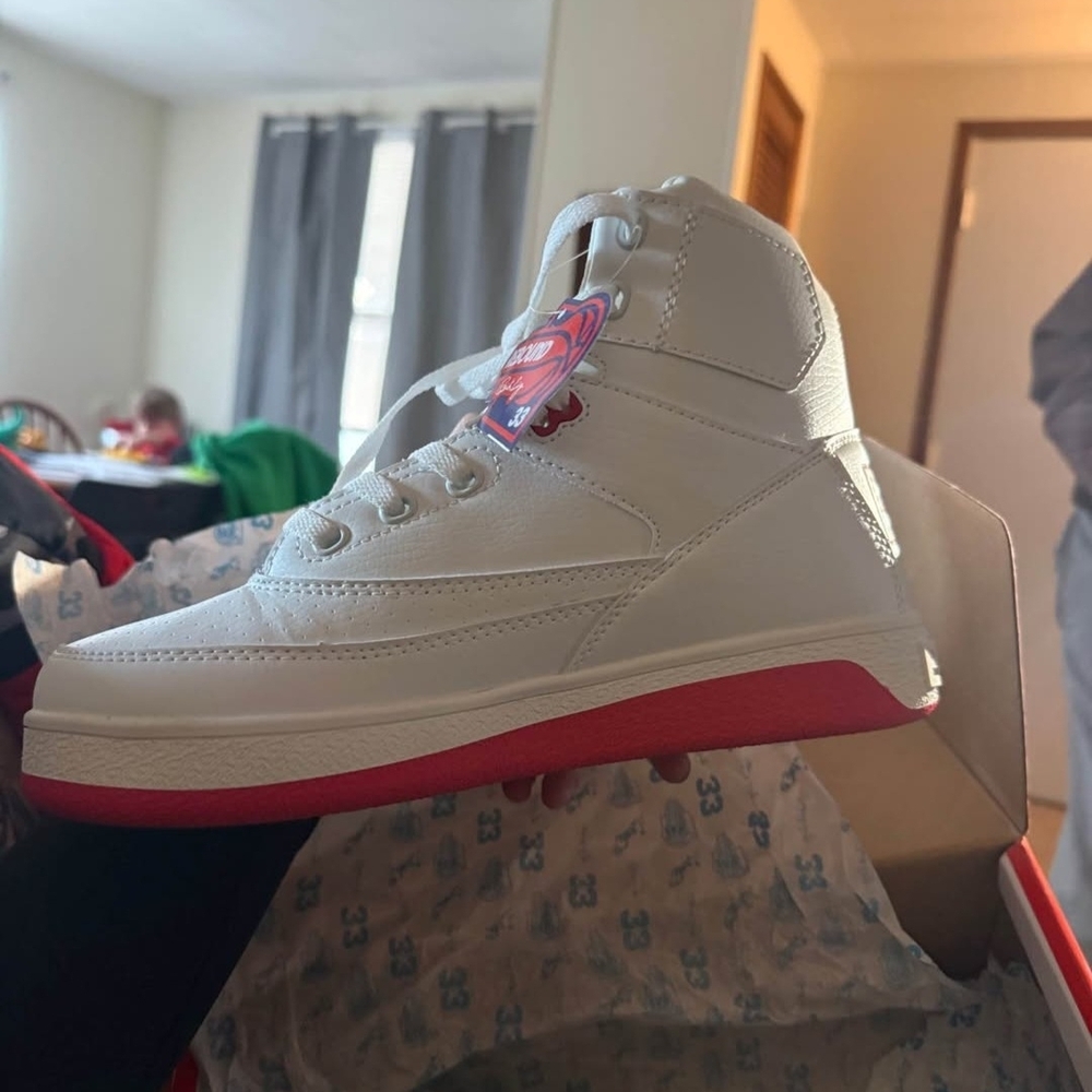 Women's White and Red High-Top Sneakers